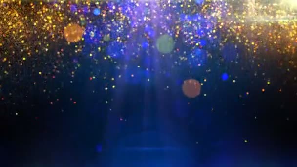 黄金颗粒落在蓝色背景与耀斑循环 — 图库视频影像