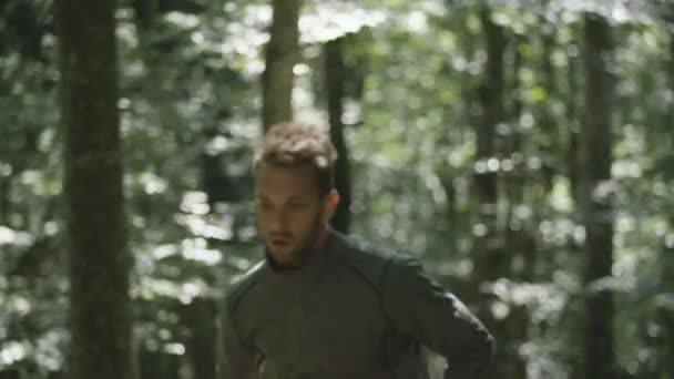 Młody Człowiek Działa Jogging Przez Las — Wideo stockowe