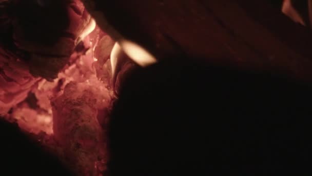 Close Fire Small Fireplace Dark — Stock Video