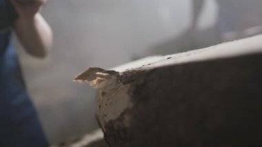 Genç kadın bir iş giysisi içinde ahşap gövde atölye balta ile kesme. 