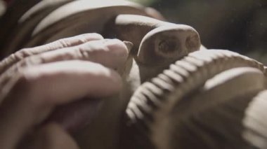 Yaşlı adam bir mağarada ahşap parlatma.