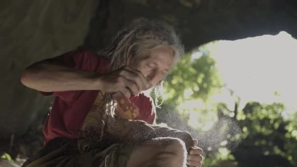 Elderly Men Polishing Wood Cave — Stock Video