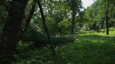 Terk edilmiş, yok edilen tekne ormanın içinde.