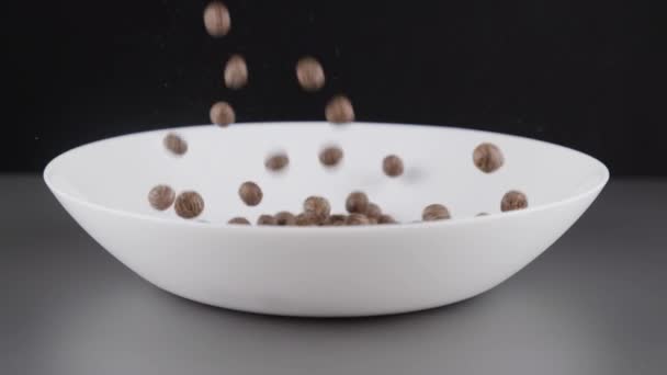 Chocolate Cereals Slowly Starting Falling Bowl — Stock Video