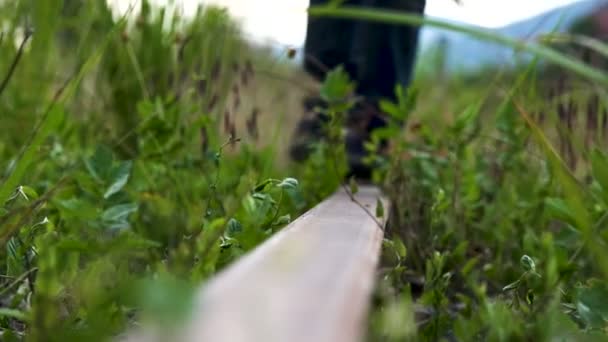 Πόδια Των Δύο Αγοριών Περπάτημα Επί Της Σιδηροδρομικής Γραμμής — Αρχείο Βίντεο