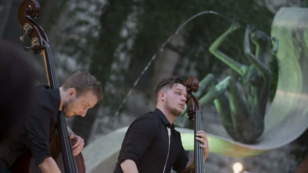 Dua Musisi Memainkan Double Bass — Stok Video