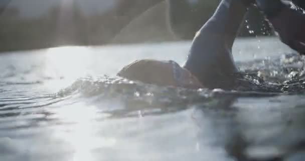 Sportliches Schwimmen Sonnenuntergang — Stockvideo