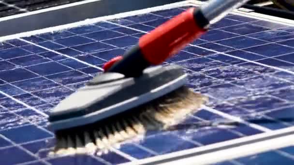 Reiniging Zonnepanelen Close — Stockvideo