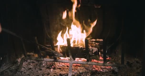 Poking Fire Burning Fireplace — Stock Video