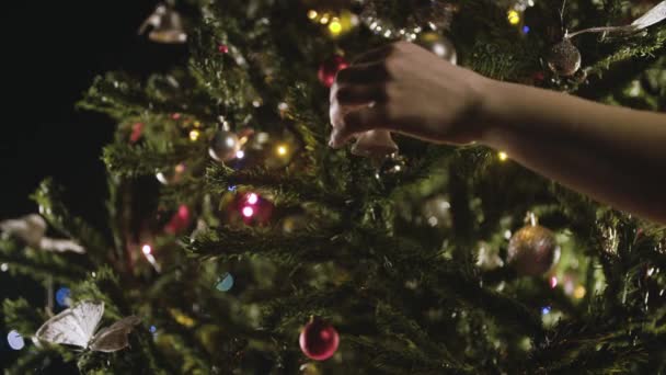 Decorating Christmas Tree Slow Motion — Stock Video