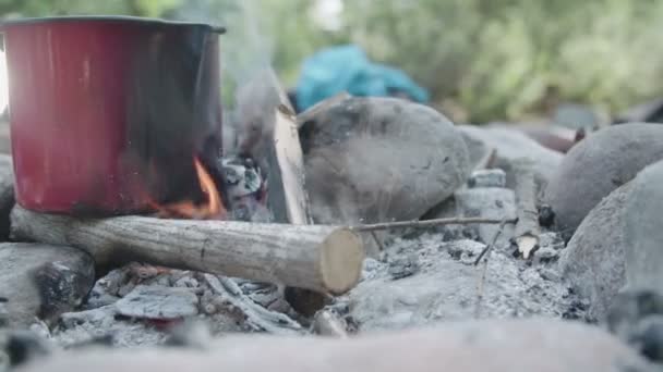 Kamp Ateşi Yapımı Akşam Yemeği — Stok video