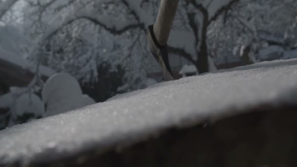 Τσεκούρι Ένα Κορμό Ξύλου Κατά Διάρκεια Του Χειμώνα — Αρχείο Βίντεο