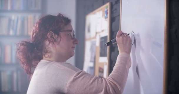 Femme dessine des visages souriants sur le tableau blanc — Video