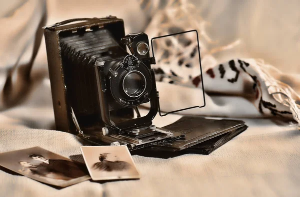 Bej Şallar Bir Arka Planda Vintage Kamera Fotoğraf Plakası Eski — Stok fotoğraf
