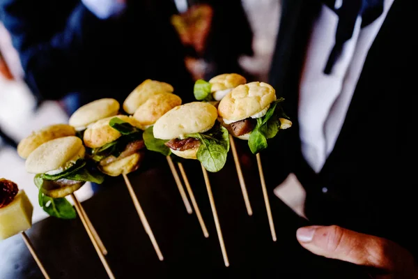 Tasty Wedding Appetizers Served Waiters Guests — Stock Photo, Image