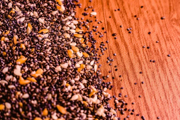 Closeup Small Seeds Superfoods Chia Golden Flax Sesame — Stock Photo, Image