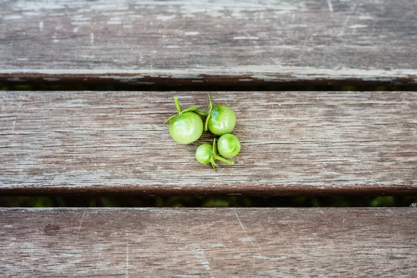 Ahşap kurullarında küçük yeşil kiraz domates