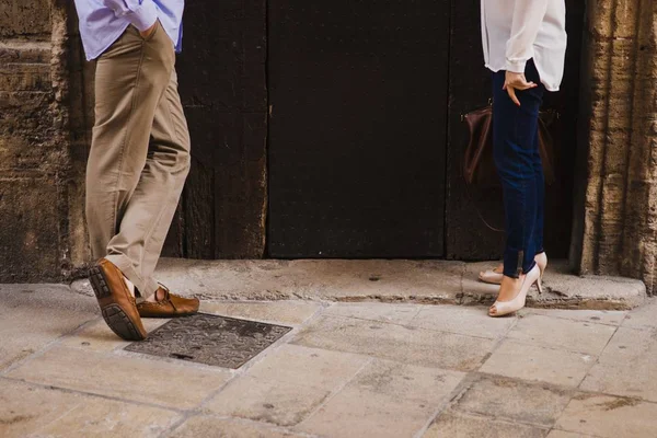 Couple Lovers Green Sneakers Standing Jeans — Stock Photo, Image