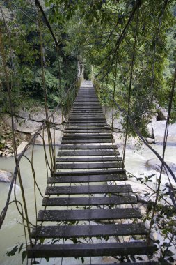 Bir nehir üzerinde ahşap kurulların tehlikeli bir köprüyü geçtikten Yürüyüş botları