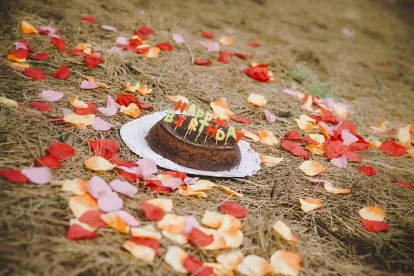 Pastel Cumpleaños Feliz Con Cartas Velas Bosque —  Fotos de Stock