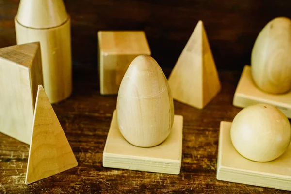 Solid Wood Shapes Study Geometry Volumes Cones Triangles Squares Spheres — Stock Photo, Image