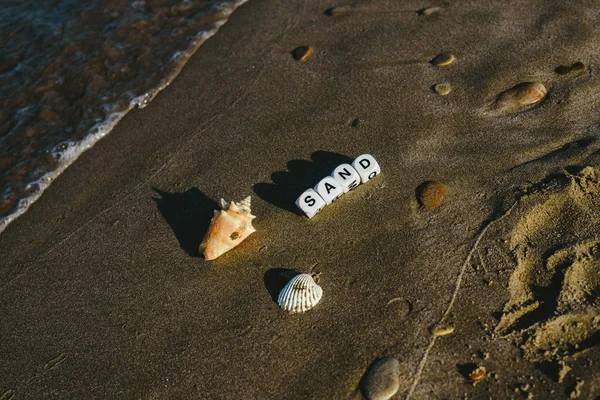 Conceito Verão Feito Com Dados Com Letras Areia Molhada Uma — Fotografia de Stock