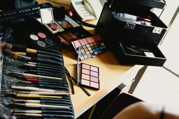 Cosmetics Set Palette Eyeshadows Lipsticks Brushes Blush — Stock Photo, Image