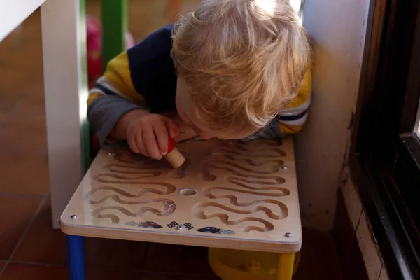 Boy Playing Sticks Trunks Forest Nature — Stock Photo, Image