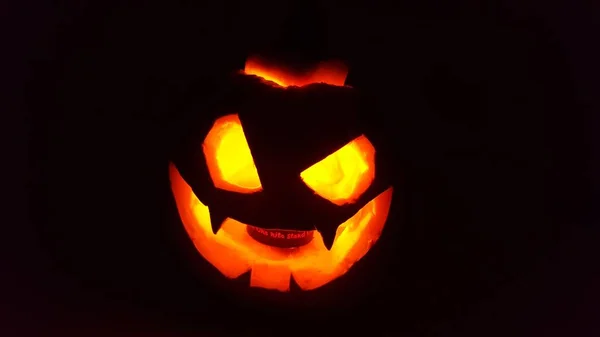 Pumpkin Carved Scary Face Scare Halloween Candle Black Background — Stock Photo, Image