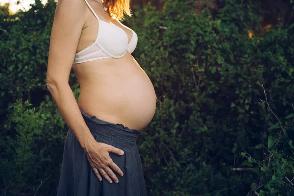 Close Pregnant Woman Belly Stroking Her Hands Nature — Stock Photo, Image
