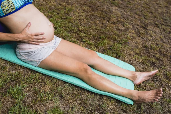 Pregnant Rested Exercise Touching Her Belly — Stock Photo, Image