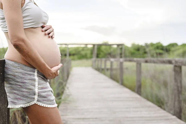 Primer Plano Del Vientre Mujer Embarazada Acariciando Con Sus Manos — Foto de Stock