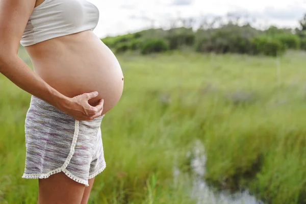 Close Pregnant Woman Belly Stroking Her Hands Nature — Stock Photo, Image