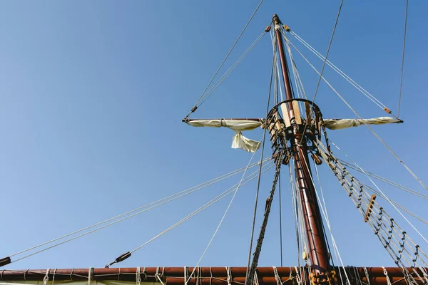 Sails and ropes of the main mast of a caravel ship Santa Mara Columbus ships