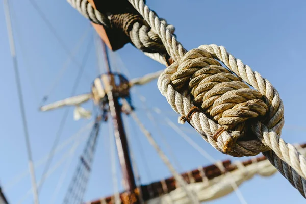 Rigging and ropes on an old sailing ship to sail in summer.