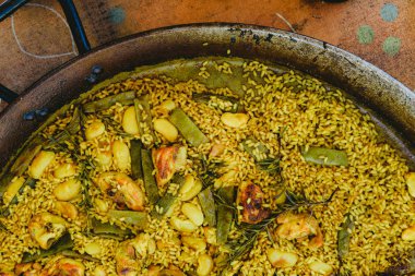 Geleneksel Paella Valenciana Akdeniz çanağı Close-up