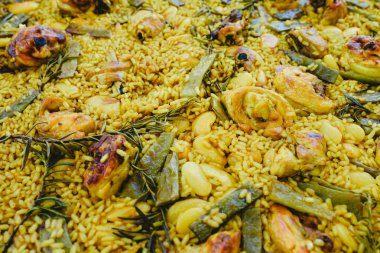 Geleneksel Paella Valenciana Akdeniz çanağı Close-up