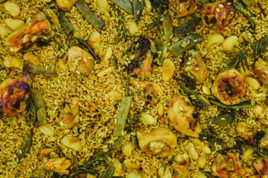 Geleneksel Paella Valenciana Akdeniz çanağı Close-up