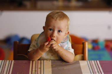 Sütten kesme liderliğindeki bebek, Bebek ile onun ilk besinleri yemeye öğrenme.