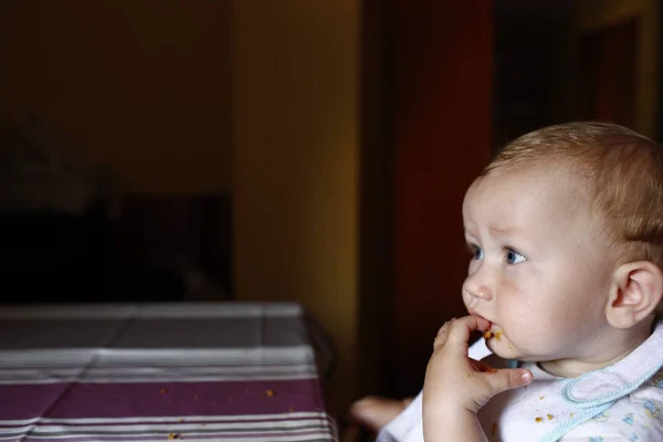Bebé Llevado Destete Bebé Aprendiendo Comer Con Sus Primeros Alimentos — Foto de Stock