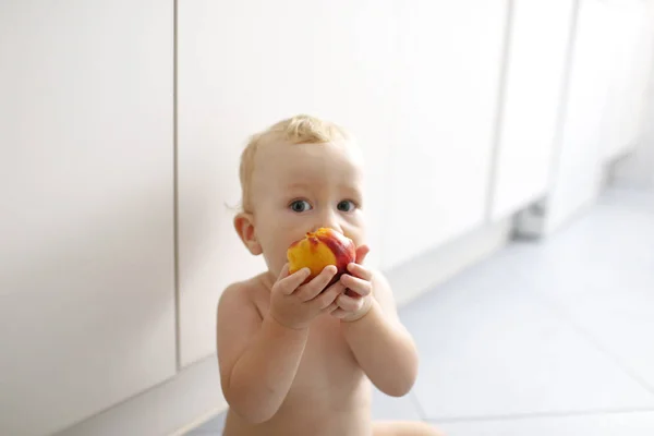 Bebé Llevado Destete Bebé Aprendiendo Comer Con Sus Primeros Alimentos —  Fotos de Stock