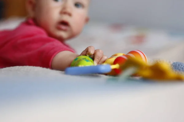 Adorable Baby Playing Biting Her Rattle — Stock Photo, Image
