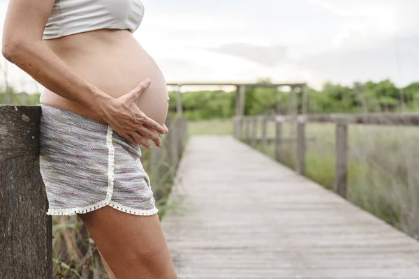 Primer Plano Del Vientre Mujer Embarazada Acariciando Con Sus Manos — Foto de Stock