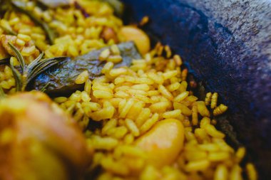 Geleneksel Paella Valenciana Akdeniz çanağı Close-up