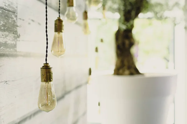 Elongated Decoration Bulbs Hanging Wooden Ceiling — Stock Photo, Image