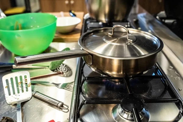 Metal pot in a restaurant kitchen.