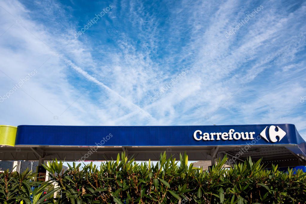 Valencia, Spain - November 29, 2018: New gas station of the Carrefour shopping center