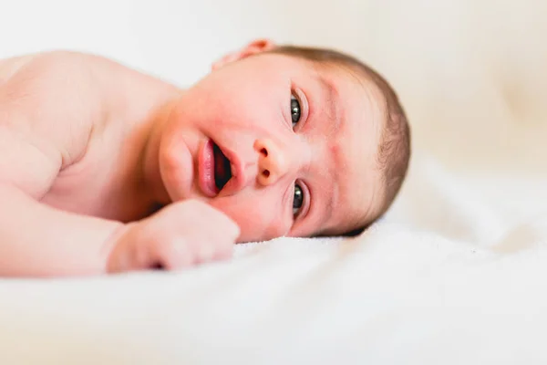 Portrait Newborn Baby Girl Feels Safe Awake New Life — Stock Photo, Image