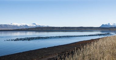Sakin ol ve vahşi doğa ortasında huzurlu ve sakin suları ile stres, mavi göl rahatlatmak için yatay rahatlatıcı.