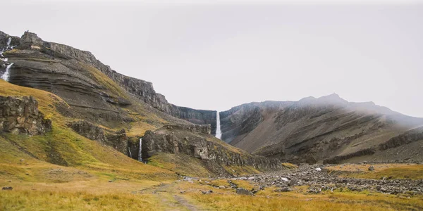 Panoramische Foto Van Beroemde Ijslandse Watervallen Bewolkte Dagen Met Geologische — Stockfoto